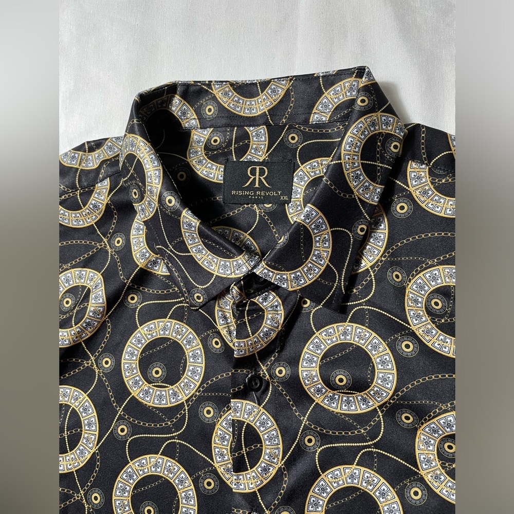 Rising Revolt Paris Chain Print Button Down short sleeve shirt men’s size XXL